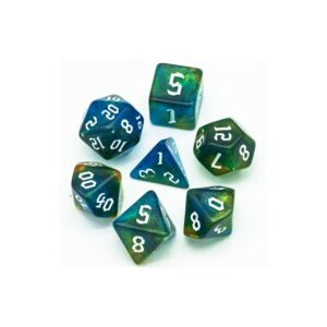 Lot de 7 Dés Resine en boîte - Vert et Bleu Paillettes