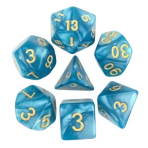Lot de 7 Dés en boîte – Bleu nacré et or
