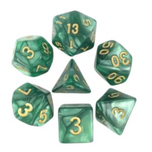 Lot de 7 Dés en boîte – 16mm- Vert nacré et or